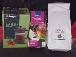 Paket mit neuer Teekanne-Tee Cistus Incanus-Teefilter