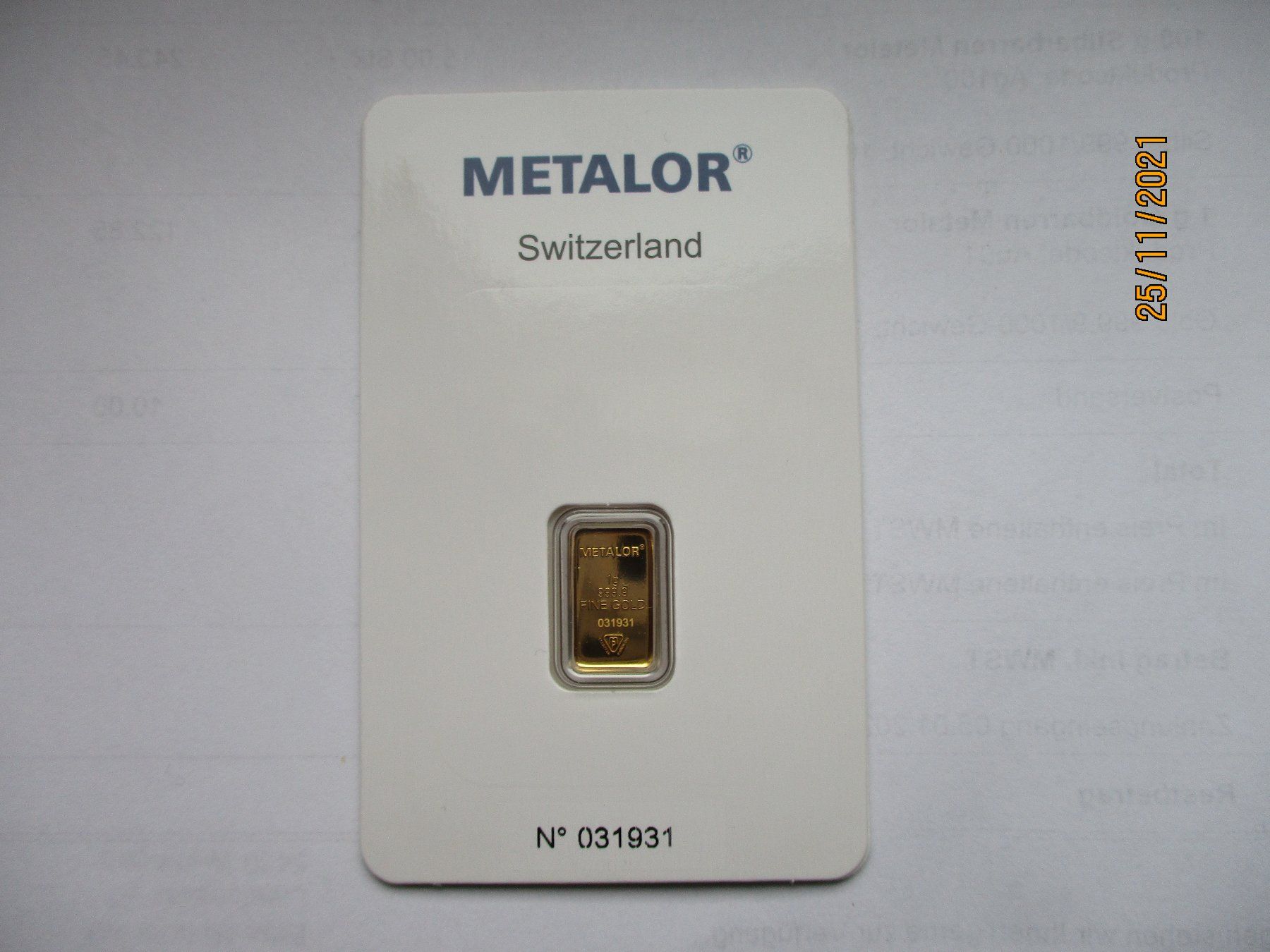 Edelmetalle: 1gr. Goldbarren Nr. 031931 – Neu und originalverpackt aus Liestal von Disc-Point