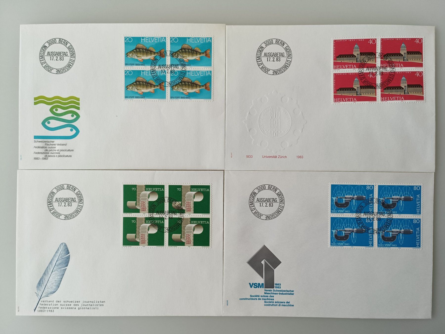 Tutti i francobolli: 1983 FDC Werbemarken Jubiläen Viererblocks – Usato da Dübendorf venduto da goeggi79
