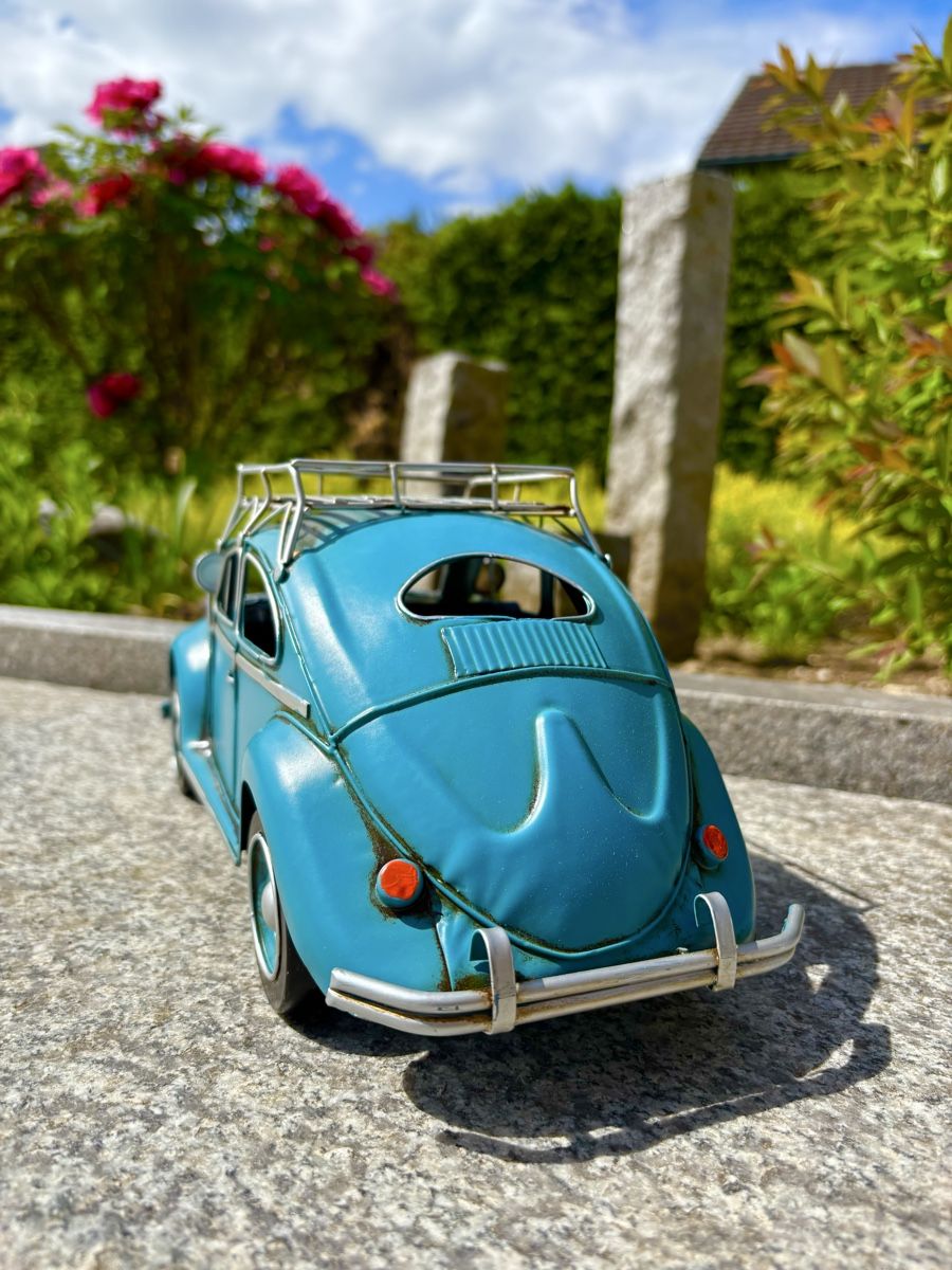 Volkswagen Modellini d'auto: VW Käfer blau aus Blech – Nuovo e nell'imballaggio originale da Langendorf venduto da Blechfahrzeuge 3