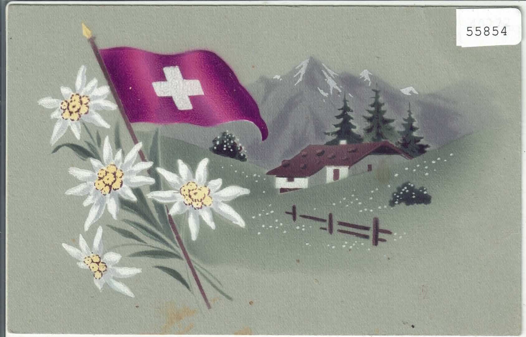 Cartes postales: Alp mit Schweizerfahne und Edelweiss - Litho – D'occasion à Ettingen par Kartenplanet