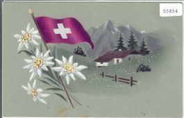 Alp mit Schweizerfahne und Edelweiss - Litho