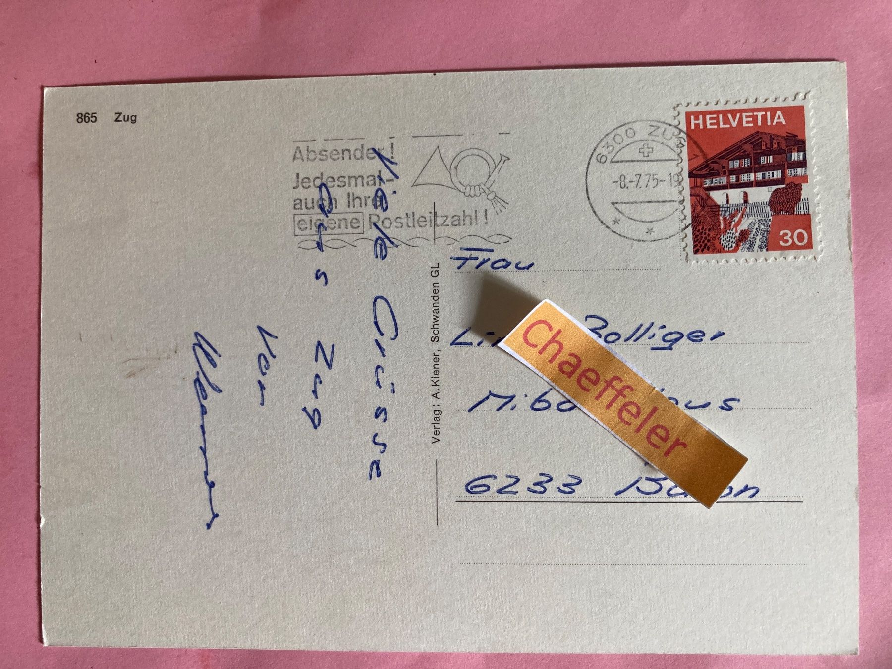 Cartoline postali: 1975  865 Zug – Usato da Zürich venduto da Chaeffeler 1