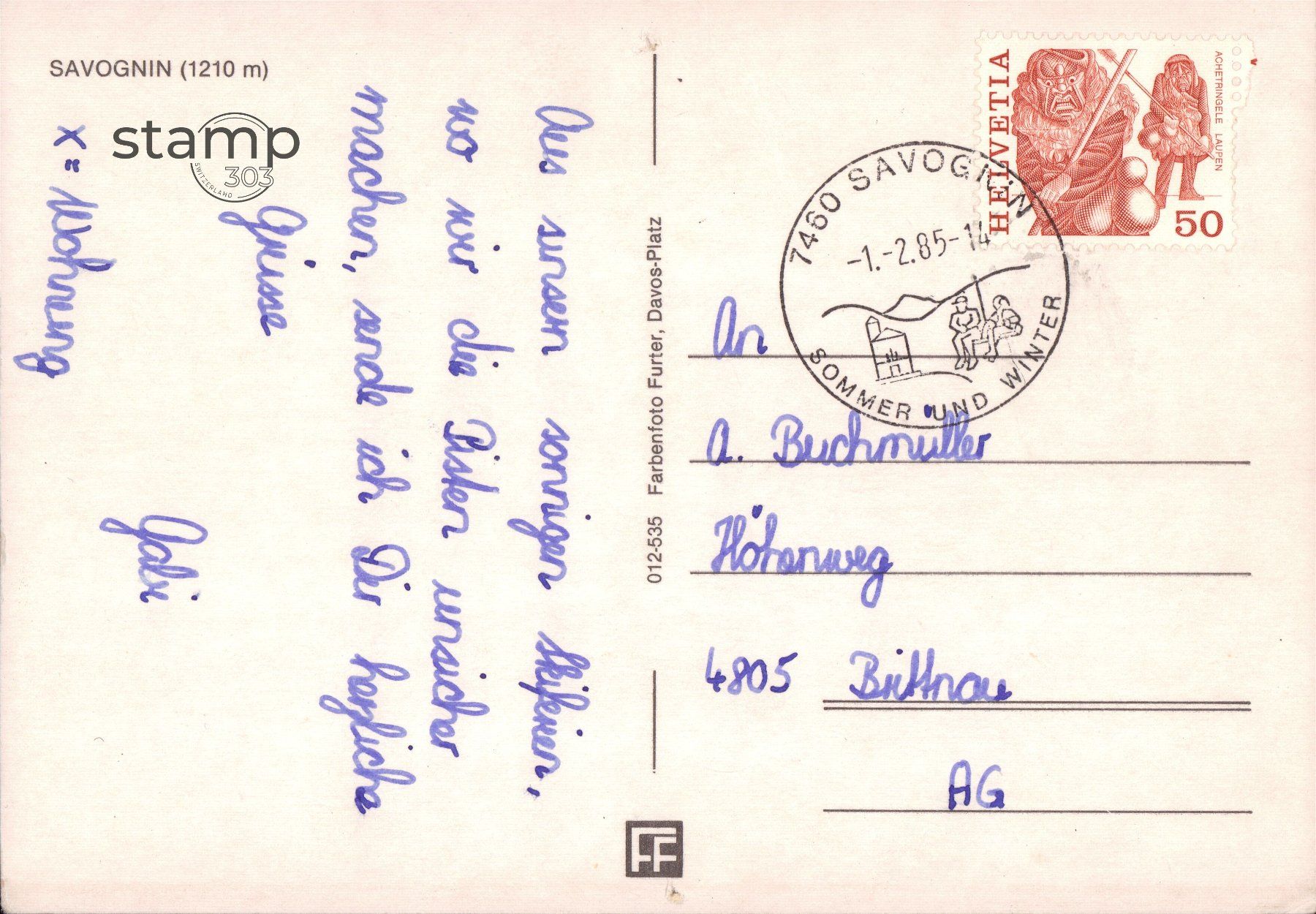Cartoline postali: 1985 AK Savognin – Usato da Eggersriet venduto da stamp303 1