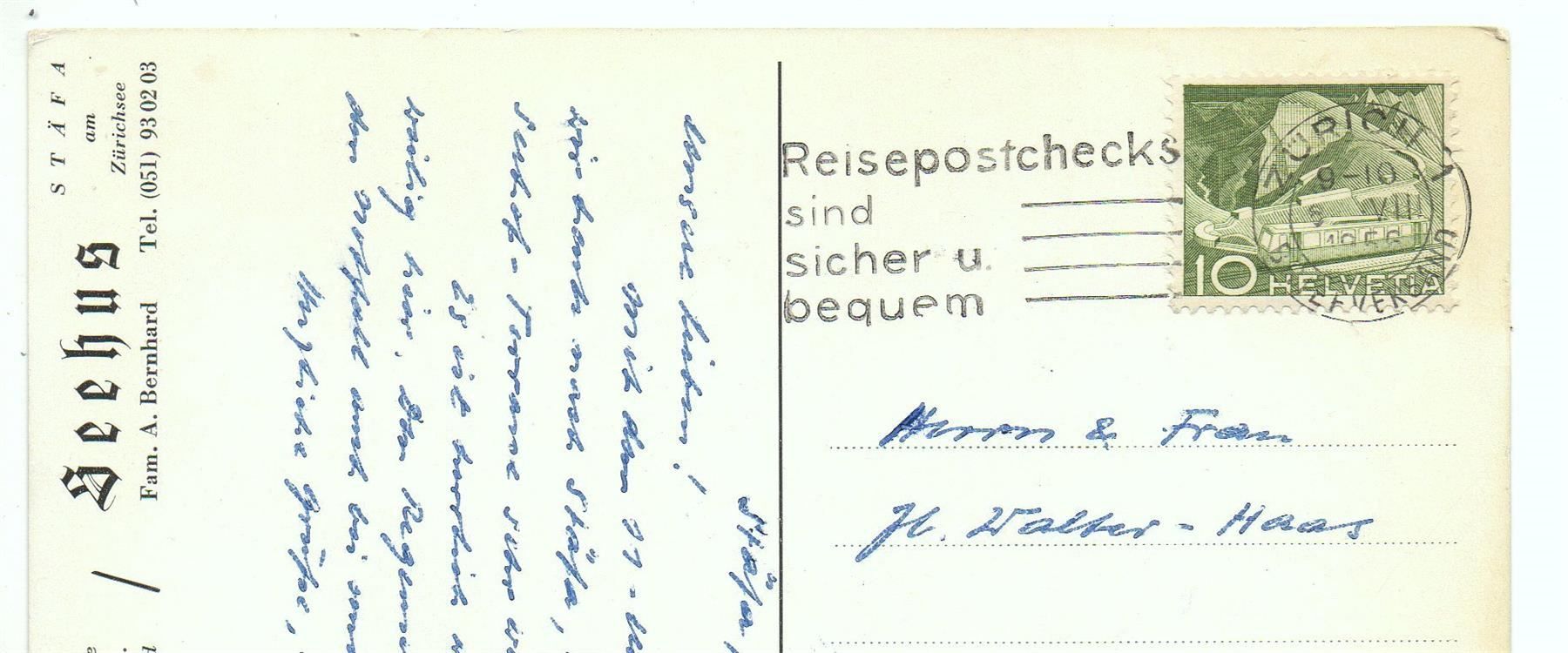 Cartoline postali: STÄFA Restaurant Seehus - Fam. A. Bernhard – Usato da Jona venduto da philajona 1