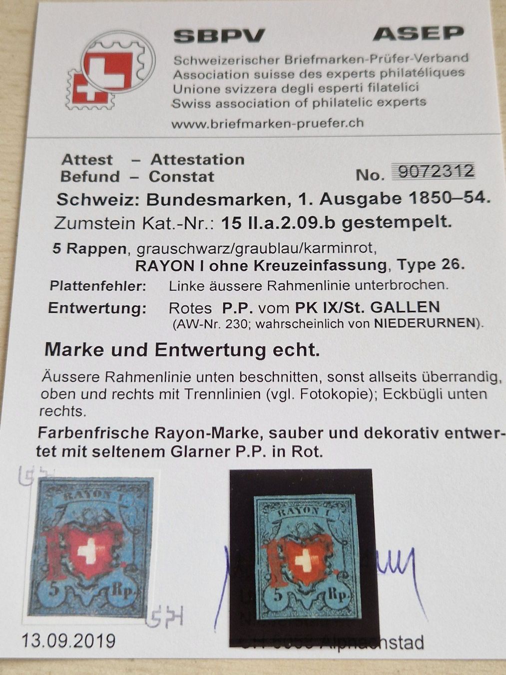 Tutti i francobolli: Rayon 15IIa.2.09.b, seltenes Glarner P.P., Plattenfehler – Usato da Burgdorf venduto da Glossy01