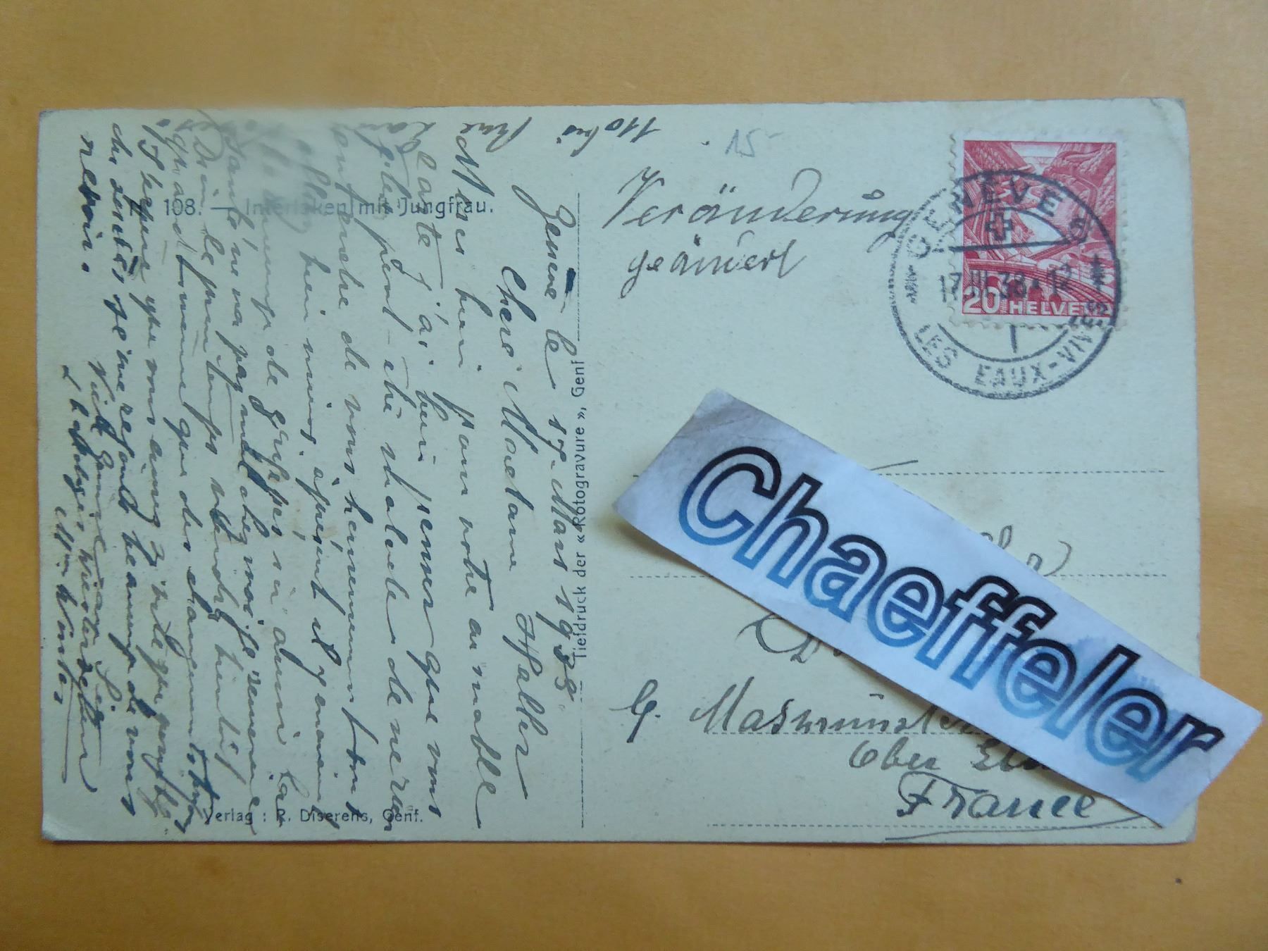 Ansichtskarten: 1938. No. 108  Interlaken mit Jungfrau – Gebraucht aus Zürich von Chaeffeler 1
