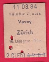 KARTON BILLETT, VEVEY - ZÜRICH, 2.KLASSE, EINFACH