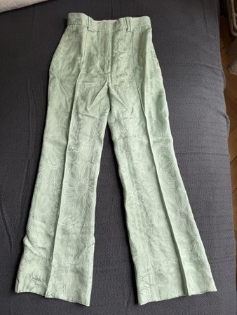 Pantalon Sandro Paris en soie T.34 motif fleuri vert d'eau