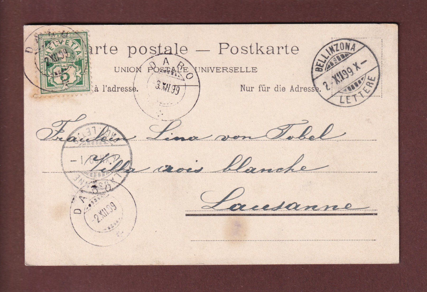 Cartoline postali: BELLINZONA - 1899 CPN – Usato da Pully venduto da nicecards 1