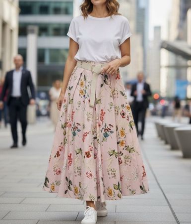 Damen Midi Rock mit Taschen rosa Blumen  l