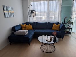 Ecksofa samt-blau mit Schlaffunktion