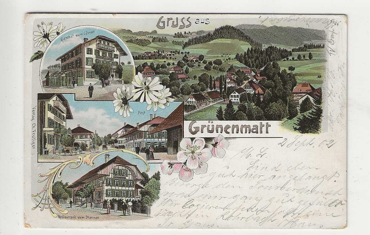 Cartoline postali: Grünenmatt, Litho,  mit Post, 1902 – Usato da Spiez venduto da Niesen20