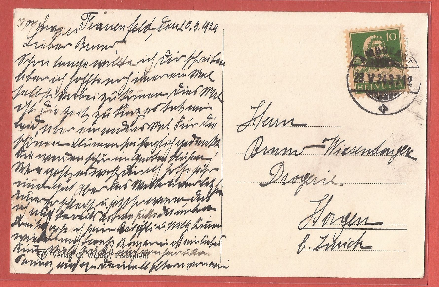 Cartoline postali: Frauenfeld Thal - 1924 – Usato da Fislisbach venduto da Porano 1