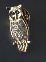 Vintage Owl Pin, Gold Tone with Rhinestone Details