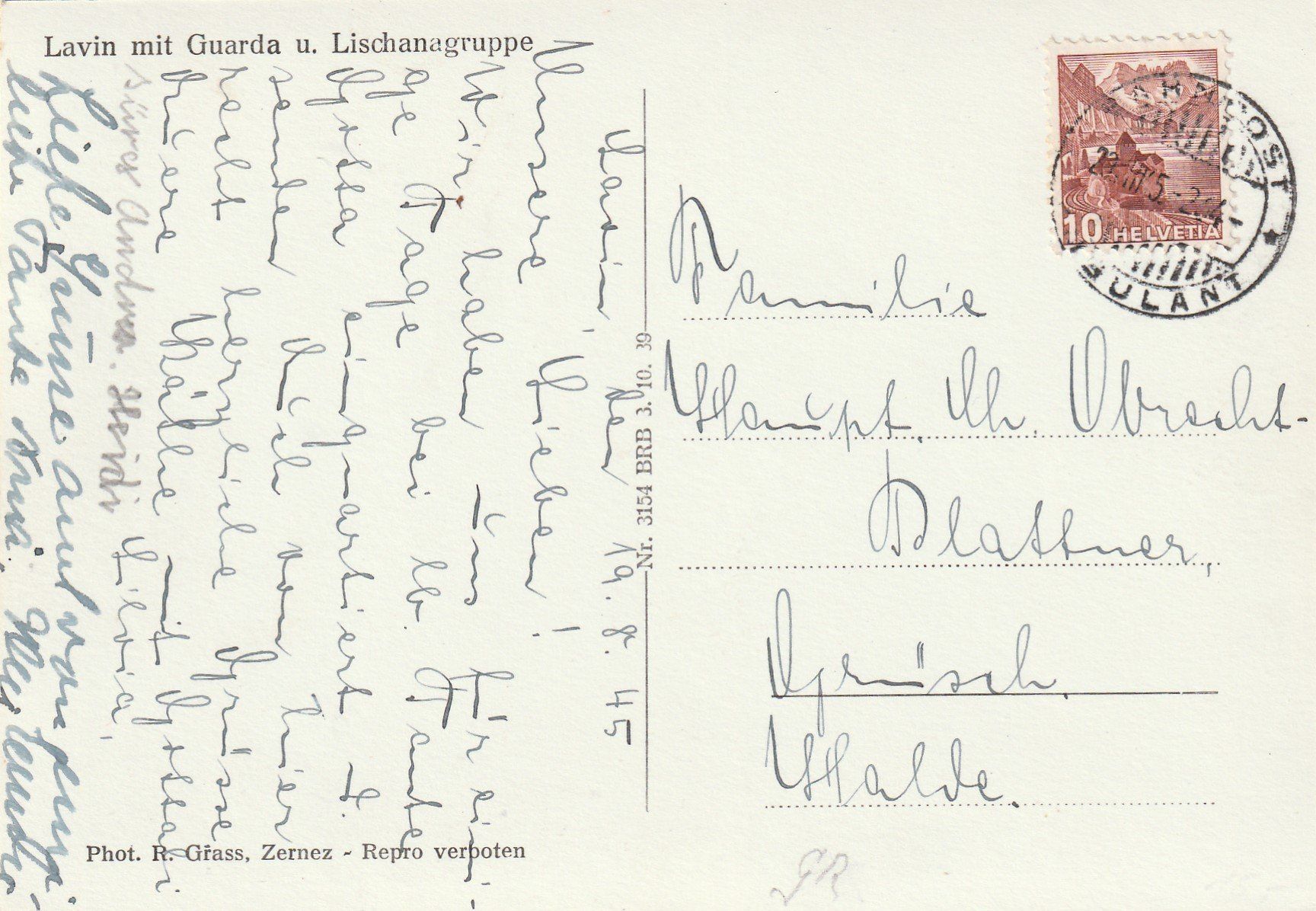 Ansichtskarten: GR- Lavin - Bahnpost - Stempel 1945 – Gebraucht aus uttwil von Koehlerfred 1