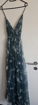 Abendkleid dunkelgrün gemustert Spaghettitrger lang