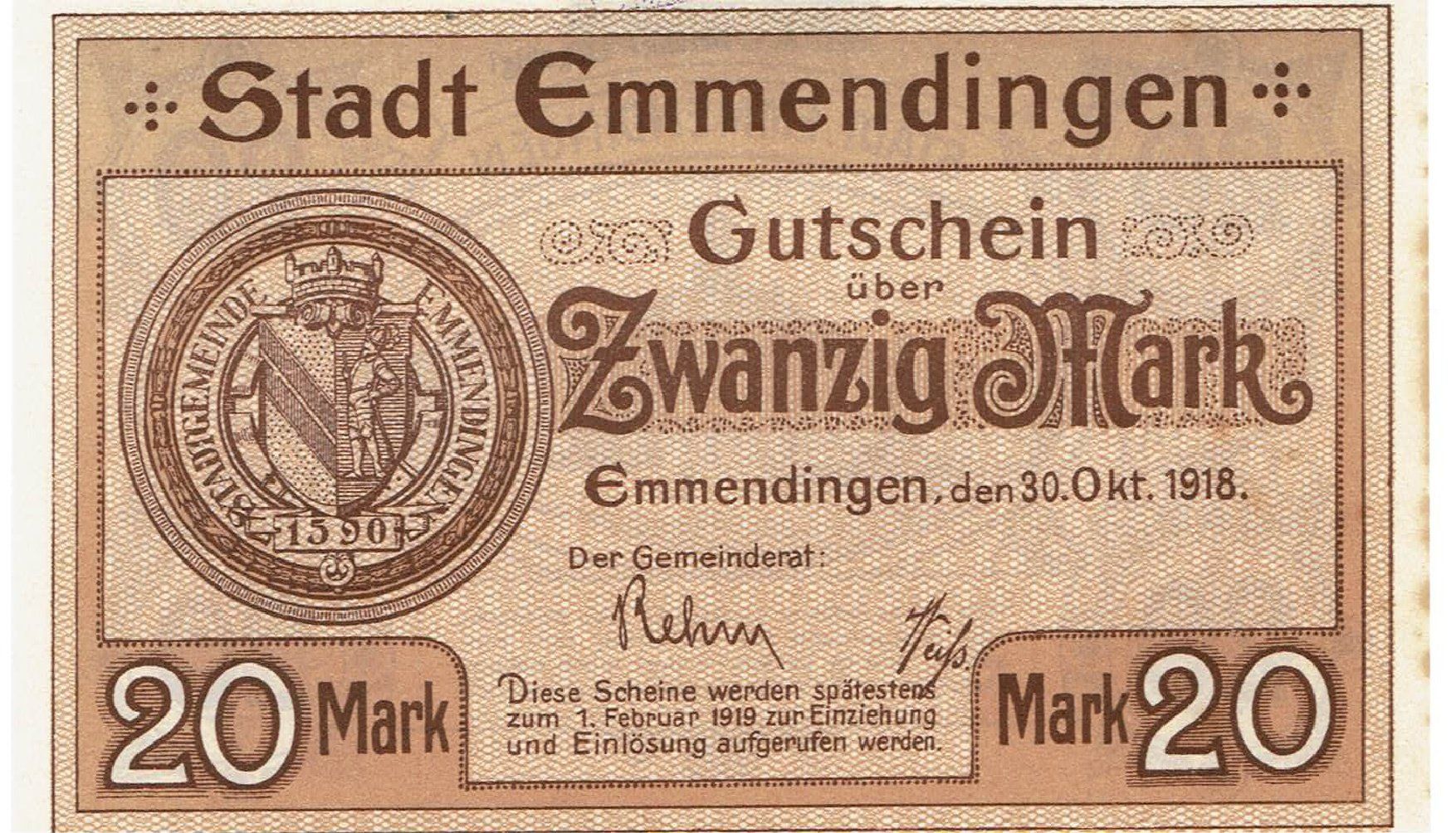 Banconote: Emmendingen 20 Mark 30.10.1918 VZ+-VZ++ – Usato da Steffisburg venduto da ber_8htf