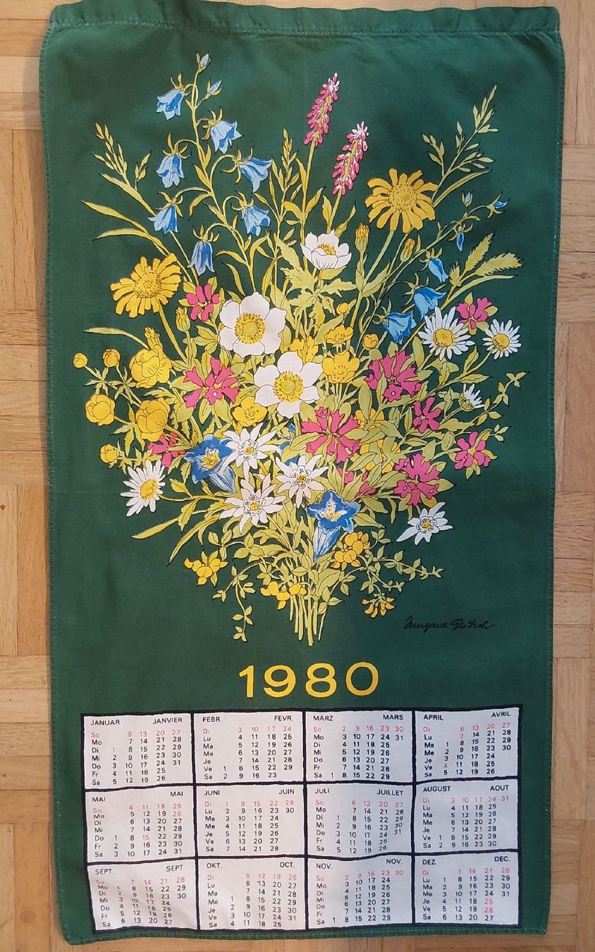 Strofinacci: Küchentuch Motiv Kalender 1980 – Usato da Köniz venduto da scopello12