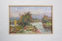 Landschafts-Ölgemälde in goldenem Doppelrahmen