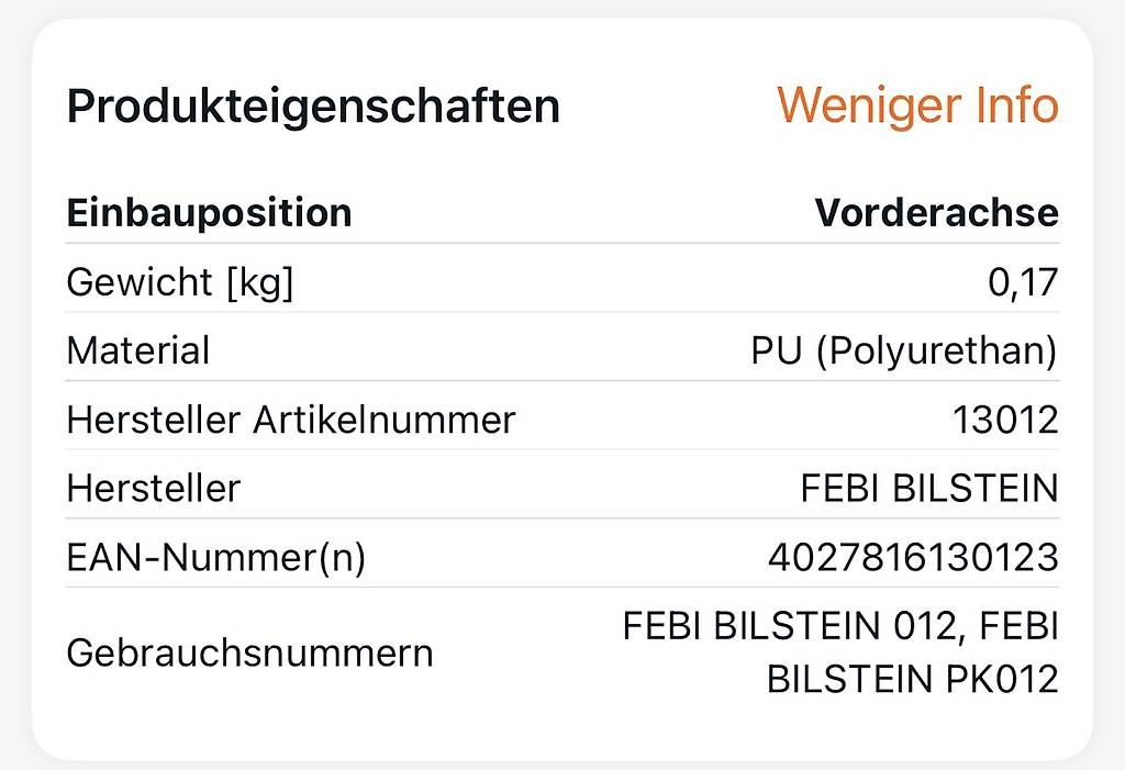 Tutti pezzi di ricambio auto: Febi Bilstein Staubschutzsatz, Stoßdämpfer VA – Usato da Amriswil venduto da mak_v9kw 1