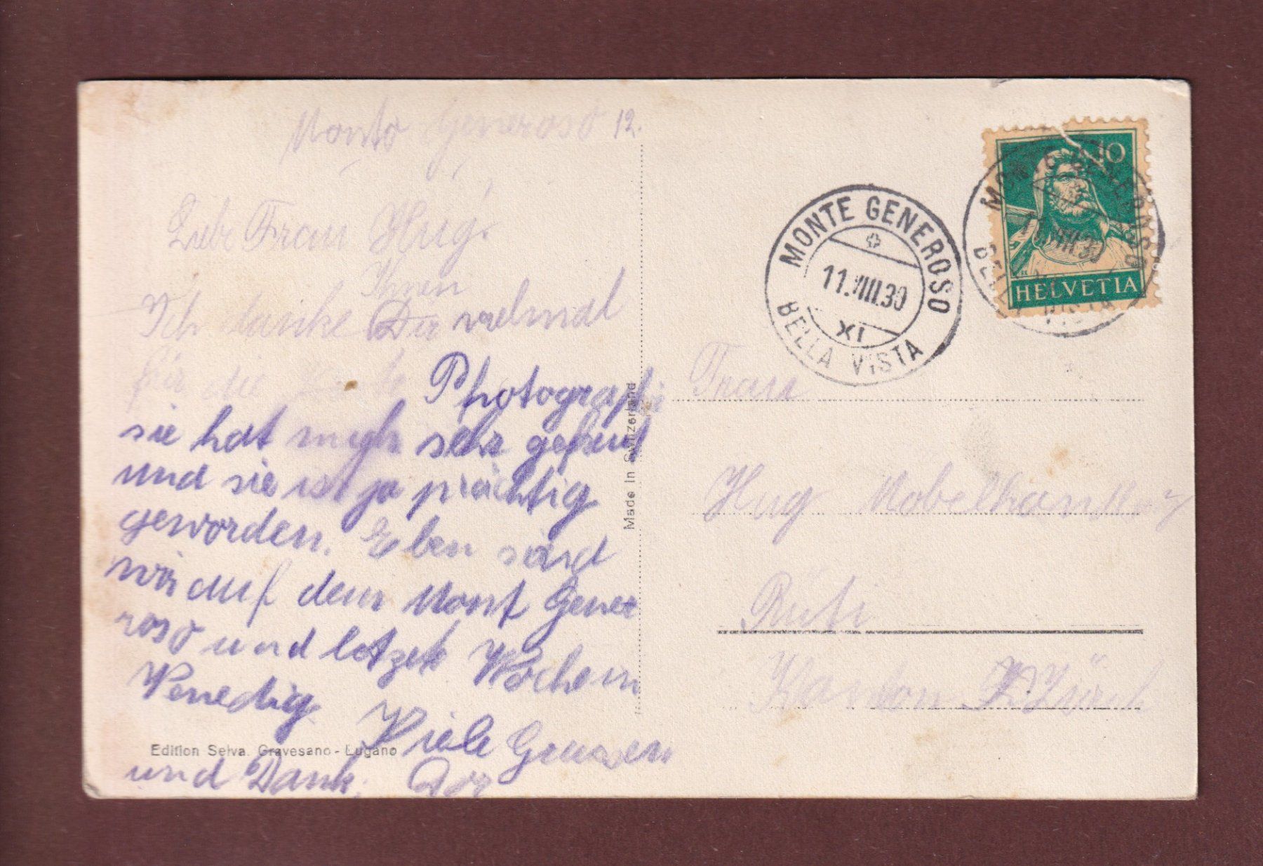Cartoline postali: MONTE GENEROSO - Kulm Hotels - 1930 – Usato da Pully venduto da nicecards 1