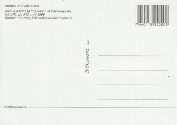 Cartoline postali: Airbus A320, Edelweiss Air – Usato da Zuerich venduto da OceanLinerPostcards 1
