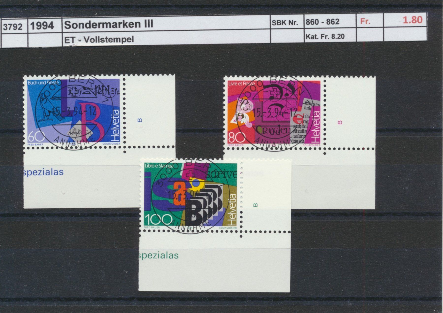 Tutti i francobolli: 1994 "Sonderpostmarken III", ET - Vollstempel – Usato da Winterthur venduto da Zupogeru