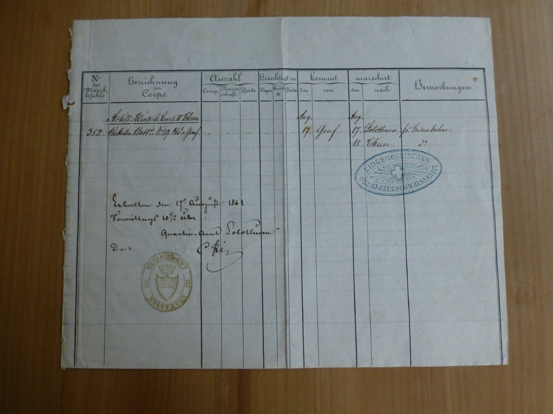 Dokumente: Militär, Eidgenössisches Oberkriegscommissariat 1861 – Gebraucht aus Bettlach von 1saurer