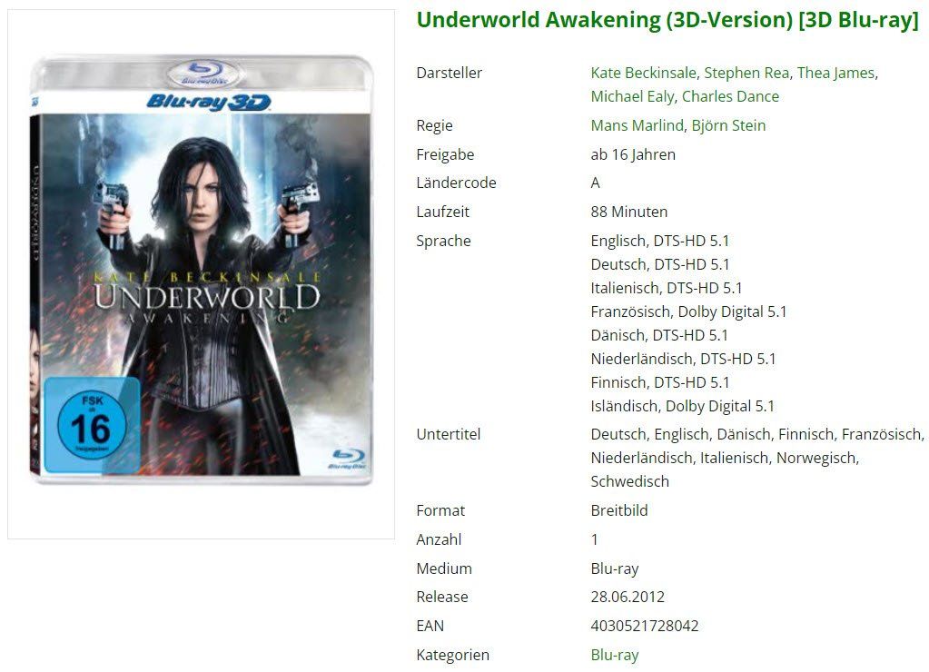 Tutti i DVDs: Underworld Awakening (3D Blu-ray) – Usato da Emmetten venduto da SVollenweider
