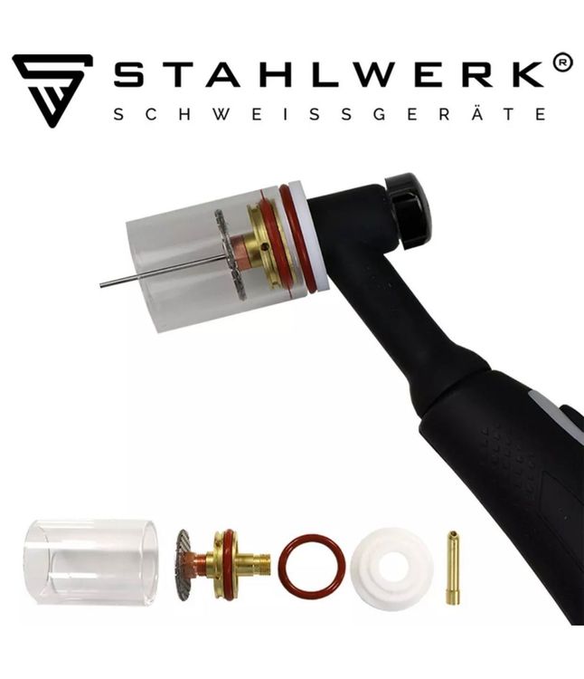 STAHLWERK Set Lenti Gas In Vetro Per Saldatura TIG 7 Pezzi - Ugello Jumbo Ø29mm, Manicotti 2.4/1.6mm, Diffusore - Compatibile WP-26/17/18/27, SR-17, Binzel