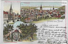 Gruss aus Biel - Totalansicht, Museum, Zeitglockenturm Litho