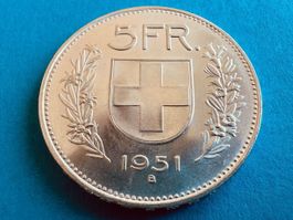 5 Franken 1951 Silber in Stempelglanz, Prachtsexemplar