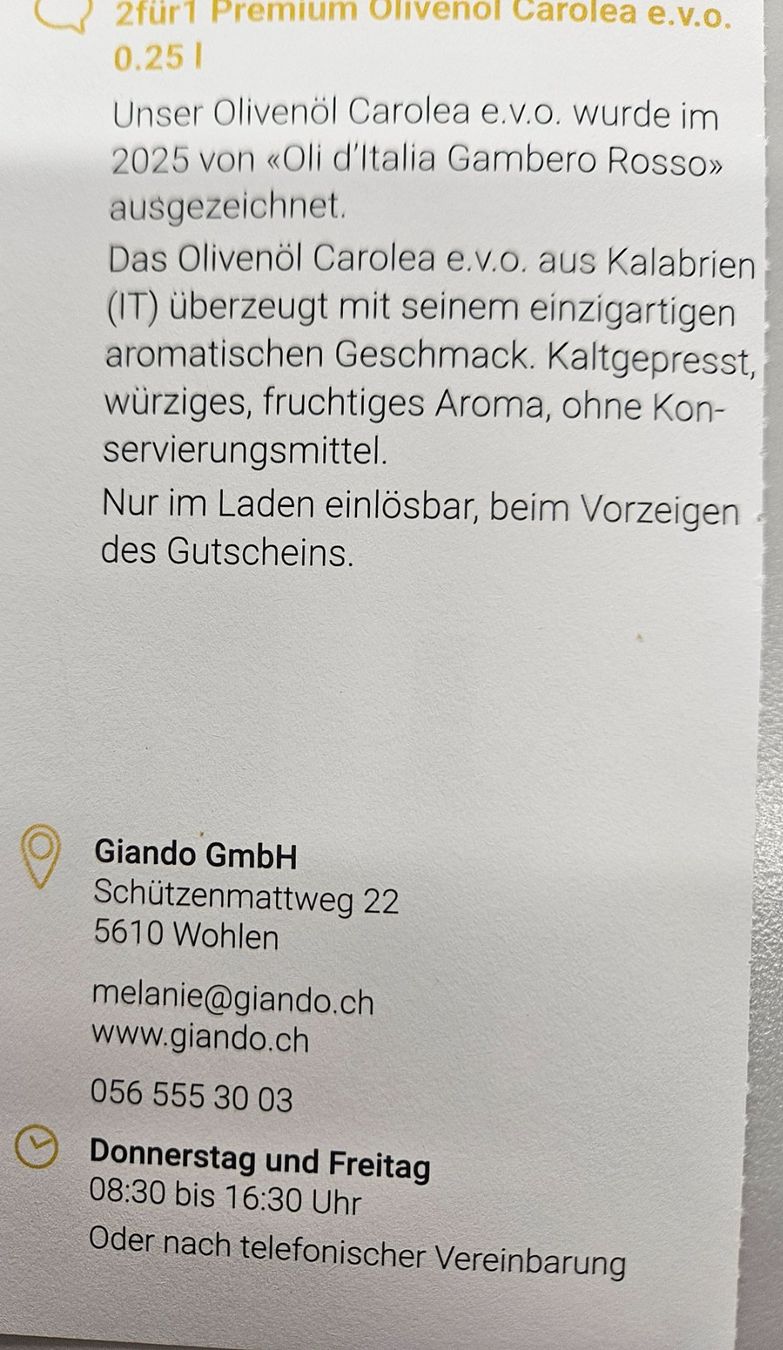 Buoni: 1 gratis Olivenöl in Giando Wohlen – Nuovo e nell'imballaggio originale da Uezwil venduto da Jasmin_ 1