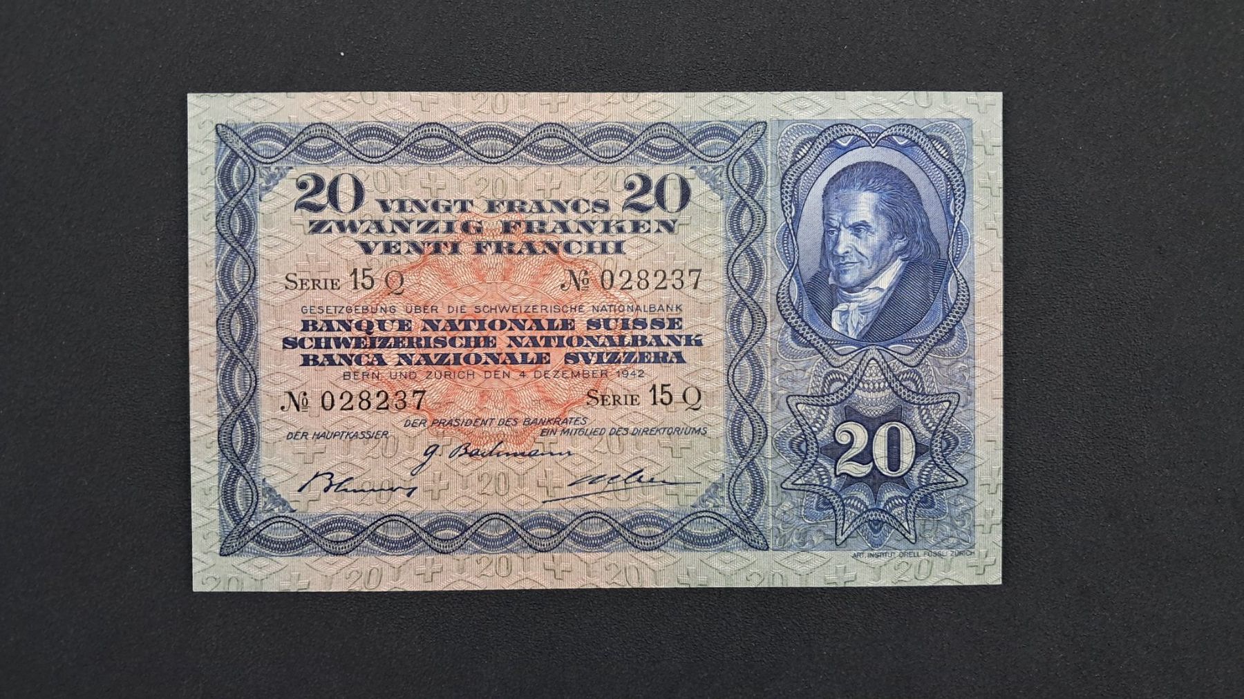 Banconote: Schweiz 20 Franken 1942  Unc – Nuovo e nell'imballaggio originale da Lufingen venduto da E-Auktion