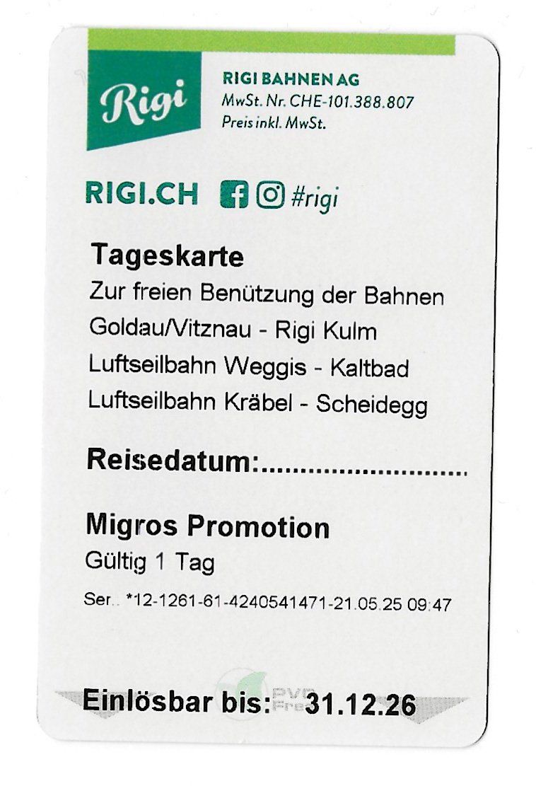 Tickets: Tageskarte Rigi – Neu und originalverpackt aus Steinhausen von Aktion