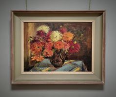 Großformatiges Vintage-Stillleben Blumenbouquet, gerahmt