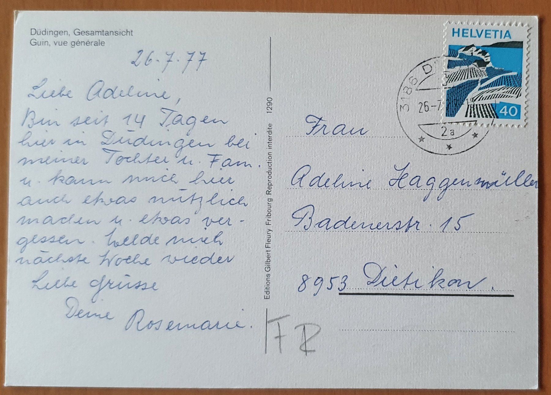 Cartoline postali: Düdingen 1977 - Gesammtansicht – Usato da Kreuzlingen venduto da Rschweiz1 1
