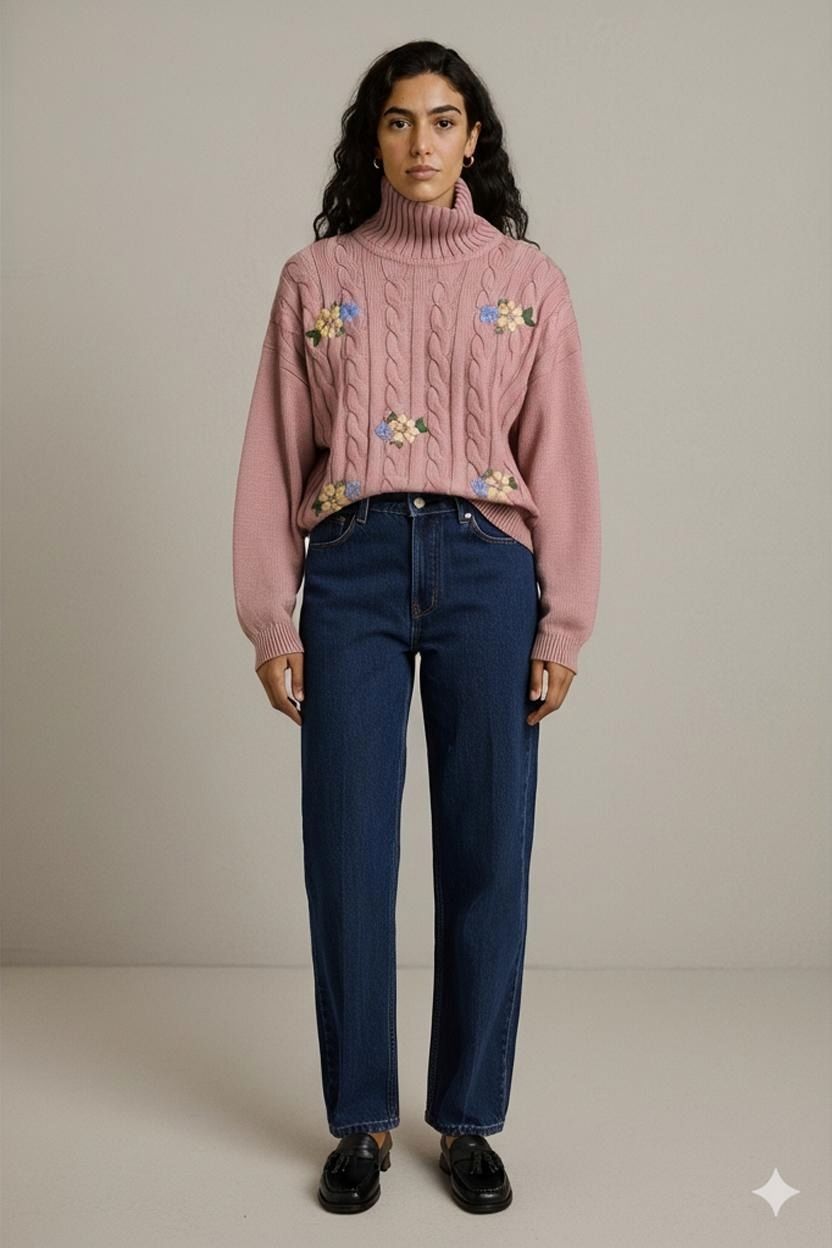 Maglioni & Felpe: Brecdi Rosa Rollkragenpullover mit Blumenstickerei - – Usato da Zug venduto da vinokilo