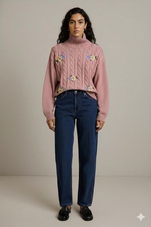 Brecdi Rosa Rollkragenpullover mit Blumenstickerei -