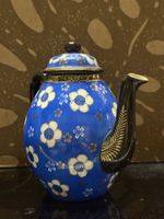Théière florale vintage signée – Céramique bleue élégante