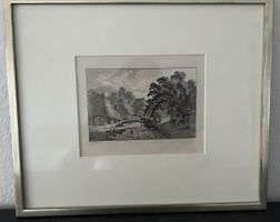 Alter Stich, silbern gerahmt, Bauernhof mit Tieren