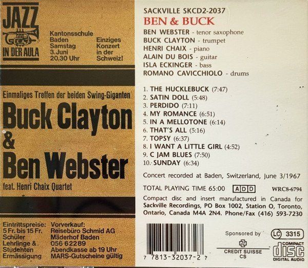 CD: Live - Buck Clayton, Ben Webster, Isla Eckinger, Henri Chaix – Usato da Unterbäch venduto da gond 1