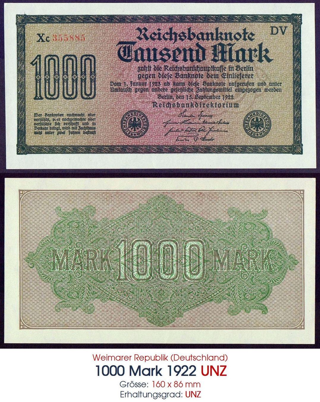 Banconote: 1000 Mark 1922 UNZ – Nuovo (secondo la descrizione) da Flamatt venduto da samowarow