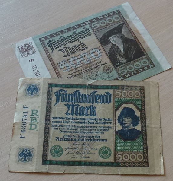 Banknoten: DR ++ 2x 5000 Mark 1922 (2 Typen) – Gebraucht aus Walkringen von Casablanca777