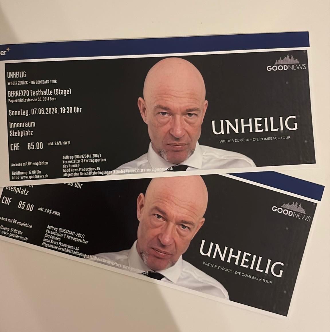 Biglietti: 2 Tickets UNHEILIG - Sonntag 7.6.2026 - Bern – Nuovo e nell'imballaggio originale da Neerach venduto da Knudi95