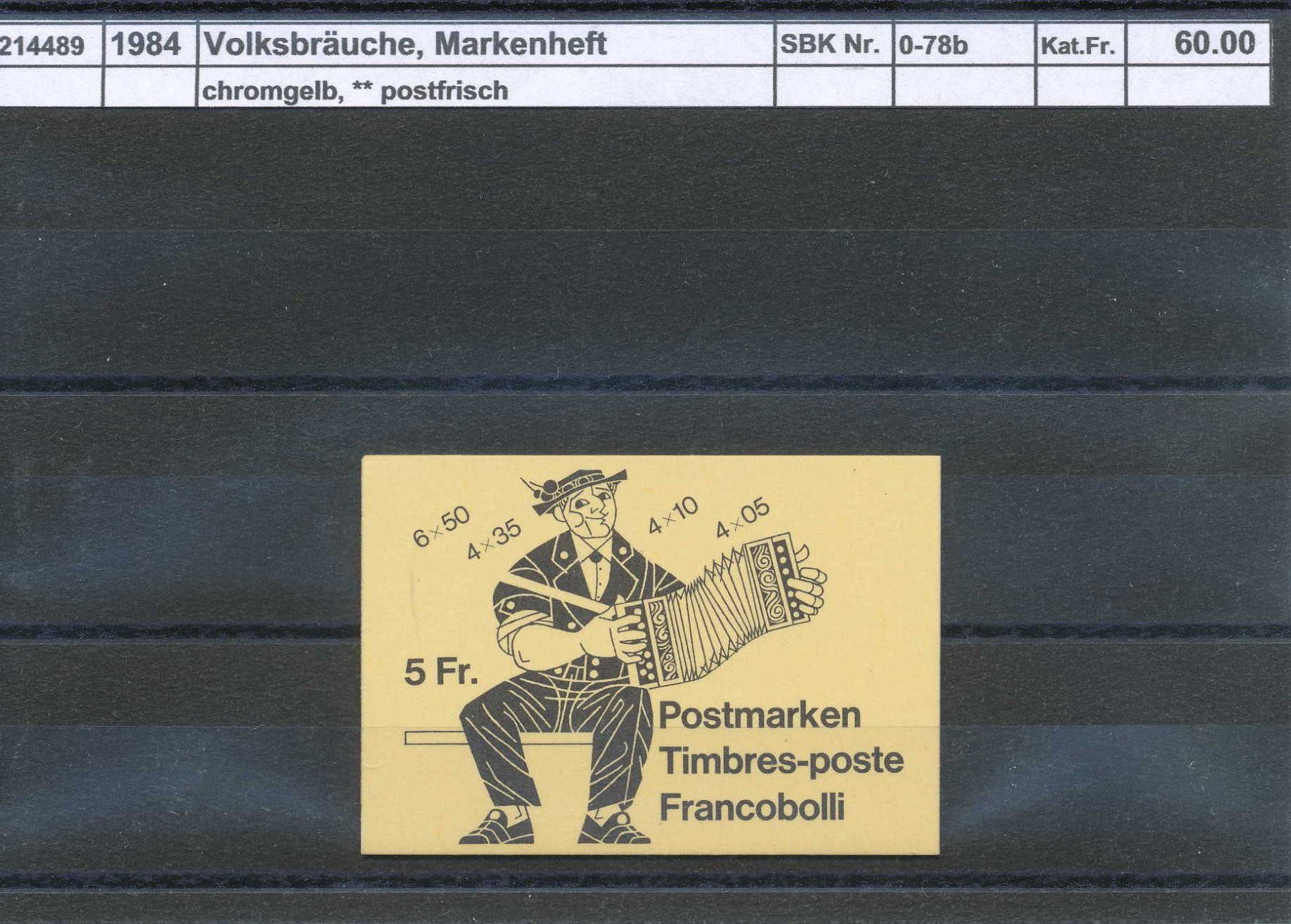 Tutti i francobolli: 1984 Volksbräuche, Markenheft "chromgelb", ** postfrisch – Nuovo (secondo la descrizione) da Winterthur venduto da Zupogeru