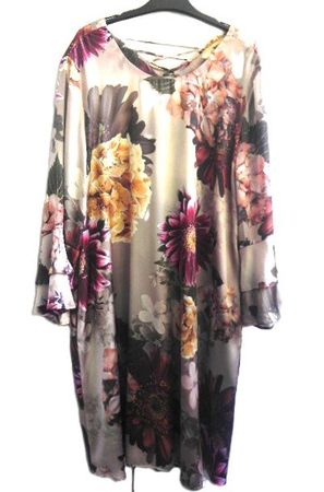ca. Gr. 42 Kleid Satin braun Blumen 100cm lang s. Masse