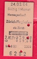 KARTON BILLETT, HERZOGENBUCHSEE - ZÜRICH FLUGHAFEN,2.KLASSE,