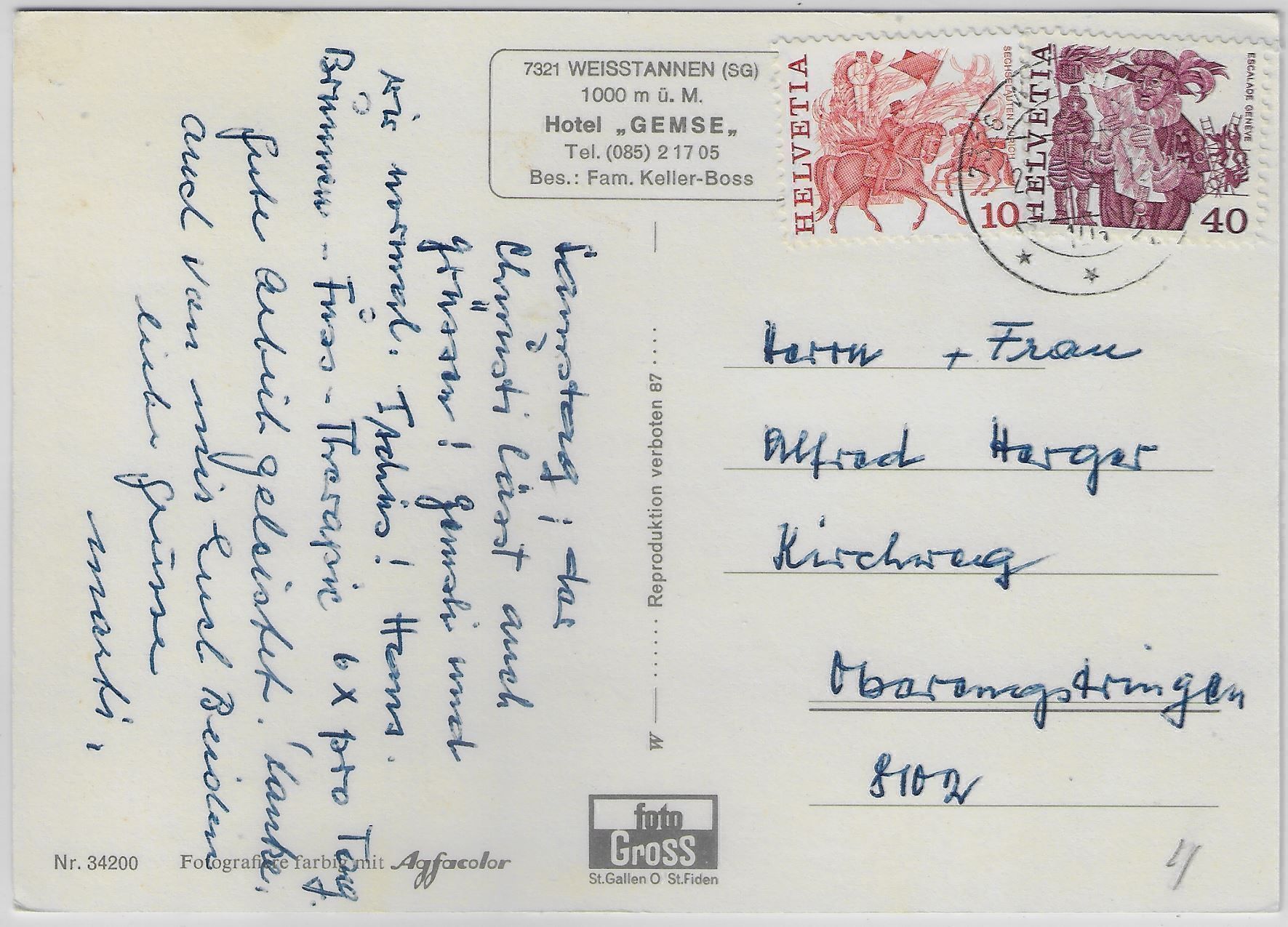 Cartoline postali: Weisstannen SG - Hotel Gemse – Antico da Ettingen venduto da Kartenplanet 1